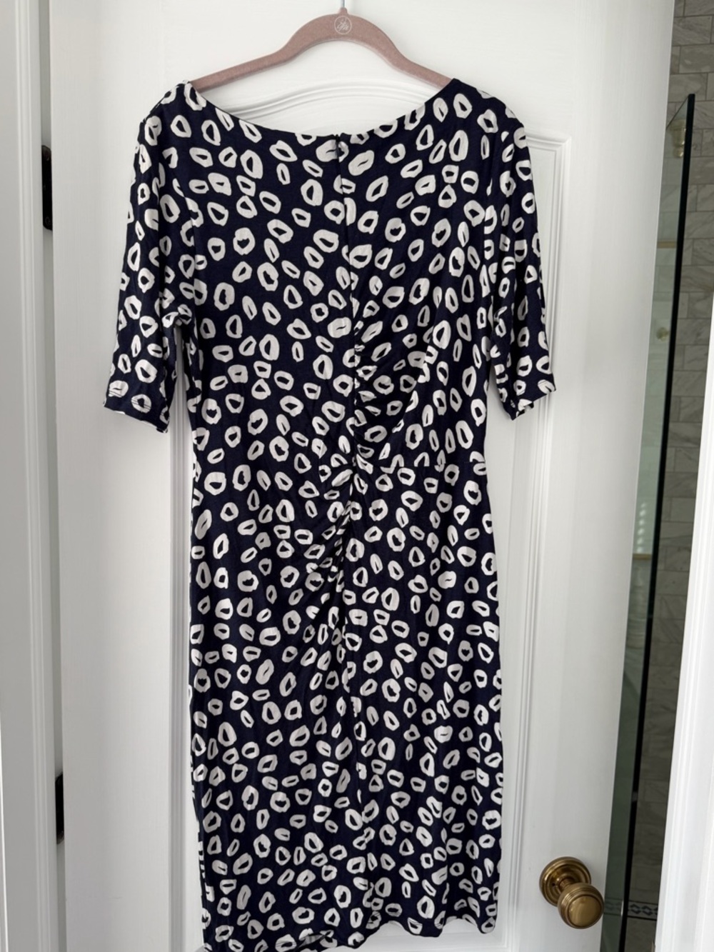 Whistles Navy Abstract Spot Ruched Dress Size 12 UK 16 Stretch Jersey Sheath - Picture 3 of 7